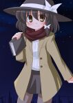  1girl black_hat black_pantyhose black_skirt book bow brown_eyes coat commentary_request cowboy_shot fang hat hat_bow holding holding_book kikkawa_(citrus_fruits) night pantyhose red_scarf scarf skirt smile solo star_(sky) sweater sweater_tucked_in touhou usami_renko white_bow white_sweater yellow_coat 