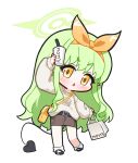 1girl bag belt black_tail blue_archive blush burger_print commentary_request cup demon_tail disposable_cup green_hair green_halo hairband halo hikari_(blue_archive) hikari_(mom's_touch)_(blue_archive) holding holding_cum jhsd7152 korean_commentary long_hair long_sleeves looking_at_viewer mom's_touch official_alternate_costume open_mouth orange_bag orange_hairband pointy_ears shoulder_bag simple_background skirt skirt_pocket solo tail yellow_eyes 