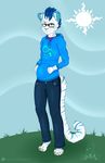  blue_stripes clothed clothing eyewear feline fur glasses grass hoodie male mammal outside solo stripes sun tiger white_fur zombikiss 