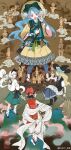  4girls absurdres black_hat black_shoes blonde_hair blue_hair broom broom_riding brown_background chinese_clothes chinese_commentary commentary_request earrings frilled_hair_tubes frills hair_tubes hakurei_reimu halo hand_up hanfu haniwa_(statue) haniyasushin_keiki hat headscarf highres jewelry kirisame_marisa konpaku_youmu konpaku_youmu_(ghost) long_hair long_sleeves magatama magatama_necklace multiple_girls necklace open_mouth purple_eyes raft rakuichi red_eyes red_hanfu seal_impression sheath sheathed shoes sleeves_past_wrists standing sword touhou weapon white_hair white_hanfu wide_sleeves witch_hat xiangyun zhongguo_hua zhuang_clothes 