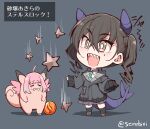  2girls ahoge aqua_hair artist_name black_hair black_jacket black_socks blush brown_eyes brown_shoes chibi chibi_only clefable clenched_teeth closed_eyes collared_shirt commentary_request cosplay crying garchomp garchomp_(cosplay) green_necktie grey_background grey_skirt hair_between_eyes idolmaster idolmaster_cinderella_girls idolmaster_cinderella_girls_starlight_stage jacket long_hair long_sleeves medium_hair mega_stone mole mole_under_eye monsterification multicolored_hair multiple_girls necktie open_mouth pink_tail pink_wings pleated_skirt purple_tail serebi_ryousangata sharp_teeth shirt shoes skirt smile socks streaked_hair sunazuka_akira teeth translation_request twintails twitter_username two-tone_hair upper_teeth_only white_shirt wings yumemi_riamu 