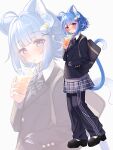  1girl absurdres ahoge alternate_costume animal_ears bag black_bow black_bowtie black_jacket black_pants black_shoes blue_hair blue_ribbon bow bowtie cat_ears cat_girl cat_tail cloud_hair_ornament commentary_request crescent crescent_hair_ornament cup disposable_cup drinking drinking_straw drinking_straw_in_mouth full_body grey_skirt hair_intakes hair_ornament hair_ribbon hand_in_pocket highres holding holding_cup indie_virtual_youtuber jacket kumanoaburi kurageu_roa looking_at_viewer miniskirt multicolored_hair pants purple_eyes ribbon school_bag school_uniform shoes short_hair sidelocks skirt solo streaked_hair striped_bow striped_bowtie striped_clothes tail track_pants virtual_youtuber white_streaks x_hair_ornament zoom_layer 