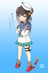  1girl alternate_hairstyle aqua_neckerchief aqua_skirt boots commentary_request crossed_arms full_body hair_bun hat high_heel_boots high_heels highres kantai_collection macbail miniskirt naganami_(kancolle) naganami_kai_ni_(kancolle) neckerchief pleated_skirt red_boots sailor sailor_collar sailor_hat school_uniform serafuku skirt solo thigh_strap 