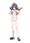  1girl absurdres ahoge bare_arms bare_legs bare_shoulders bikini black_hair blue_archive blunt_bangs braid choker crocs feishi flat_chest full_body hands_on_own_hips hat hat_on_back highres leaf leaf_on_head leaf_print low_twin_braids miyu_(blue_archive) miyu_(swimsuit)_(blue_archive) navel official_alternate_costume official_alternate_hairstyle print_bikini red_eyes ribbon_choker simple_background solo standing stomach straw_hat swimsuit twin_braids white_background white_bikini 