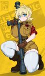  1girl absurdres alternate_breast_size_(larger) armband artist_name belt belt_buckle between_breasts blonde_hair blue_eyes boots breast_pocket breasts brown_boots brown_gloves brown_shirt brown_skirt buckle closed_mouth commentary gloves gun gun_between_breasts hellsing highres holding holding_gun holding_weapon huge_breasts impossible_clothes impossible_shirt looking_at_viewer military_uniform miniskirt pink-chan_(artist) pocket red_armband rocket_launcher seras_victoria shirt skirt solo thick_thighs thighhighs thighs weapon weapon_between_breasts white_thighhighs 