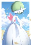  1girl absurdres bob_cut closed_eyes colored_skin commentary_request dress elbow_gloves gardevoir gloves green_hair hair_over_one_eye highres mega_gardevoir mega_pokemon petals pokemon pokemon_(creature) signature smile strapless strapless_dress taro_(peach_taro51) white_dress white_gloves white_skin 