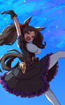  +_+ 1girl :d absurdres animal_ears arm_up asutoro_(s--t) black_gloves black_hair blue_sky breasts brown_hair commentary_request confetti fang gloves highres horse_ears horse_girl horse_tail large_breasts long_hair looking_at_viewer marvelous_sunday_(kira_doki_waku_mabe)_(umamusume) marvelous_sunday_(umamusume) open_mouth pantyhose prototype_design skin_fang sky smile tail twintails umamusume white_pantyhose yellow_eyes 