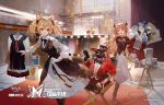  2girls ahoge ambience_synesthesia animal_ear_fluff animal_ears apron arknights backstage bird black_bow black_bowtie black_overskirt black_pants black_tailcoat blonde_hair blue_flower bouquet bow bowtie braid brown_vest chair character_doll chinese_commentary clothes_hanger clothes_rack commentary_request confetti copyright_logo copyright_notice cow_girl cow_horns cow_tail croissant_(arknights) director's_chair doll emperor_(arknights) emperor_penguin flower folding_chair frilled_skirt frills full_body gloves green_eyes hair_between_eyes highres holding holding_bouquet holding_walkie-talkie horns light_particles logo long_hair long_sleeves medium_hair multiple_girls neck_ribbon official_alternate_costume official_art on_chair open_mouth orange_hair overlighting oxfords pants penguin penguin_logistics_(arknights) red_eyes ribbon shirt single_braided_sidelock skirt sora_(arknights) sunglasses tail teeth tripod twintails unworn_clothes upper_teeth_only vest walkie-talkie white_apron white_flower white_gloves white_shirt white_skirt wolf_ears wolf_girl wolf_tail yellow_flower yin2000 