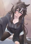  1girl absurdres animal_ears aramocyaillust black_hoodie black_pantyhose blue_eyes blush breasts bright_pupils brown_hair cleavage commentary_request hair_between_eyes highres hood hood_down hoodie horse_ears horse_girl large_breasts long_hair looking_at_viewer mole mole_under_eye multicolored_hair open_mouth outstretched_arm pantyhose pantyhose_under_shorts shorts single_hair_intake smile solo speech_bubble streaked_hair textless_version translation_request umamusume vivlos_(umamusume) white_pupils white_shorts white_streaks 