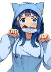  1girl absurdres animal_hood animalization blue_eyes blue_hair blue_hoodie cat_hood commentary_request fish_in_mouth highres hood hood_up hoodie jyuunen-kun long_hair looking_at_viewer make_heroine_ga_oo_sugiru! nukumizu_kazuhiko paw_pose solo sparkle white_background yanami_anna 