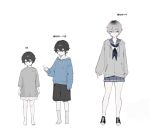  age_progression aged_down black_hair black_shoes black_shorts blue_eyes blue_hoodie blue_sailor_collar blue_skirt character_age child closed_mouth drawstring full_body grey_hair grey_jacket grey_shirt highres hood hood_down hooded_jacket hoodie jacket long_sleeves looking_at_viewer multiple_views nechika-sama needy_girl_overdose official_alternate_hair_color ohisashiburi pleated_skirt sailor_collar school_uniform second-party_source serafuku shirt shoes short_hair shorts simple_background skirt sneakers socks standing t-shirt white_background white_shirt 