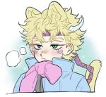  1boy :< animal_ear_fluff animal_ears battle_tendency blonde_hair blue_jacket blush caesar_anthonio_zeppeli cat_boy cat_ears cat_tail closed_mouth collared_jacket commentary_request facial_mark fake_head_wings green_eyes grey_shirt hair_between_eyes headband high_collar jacket jitome jojo_no_kimyou_na_bouken kemonomimi_mode lower_eyelashes_only male_focus open_clothes open_jacket ore_ore_oe patterned_clothing pink_scarf sanpaku scarf shirt short_hair solo tail white_background 