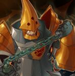 1boy absurdres armor ball_and_chain_(weapon) clenched_teeth commentary covered_eyes english_commentary full_armor highres male_focus onimiere onox solo spiked_ball_and_chain teeth the_legend_of_zelda the_legend_of_zelda:_oracle_of_ages the_legend_of_zelda:_oracle_of_seasons upper_body weapon 