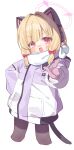  1girl 404net :3 absurdres animal_ear_headphones animal_ears black_pantyhose black_tail blonde_hair blue_archive blush bow cat_ear_headphones cat_ears cat_tail chinese_commentary coat commentary_request cropped_legs eyes_visible_through_hair fake_animal_ears fake_tail gloves hair_bow hair_intakes halo hand_on_own_hip headphones highres hood hood_down hooded_coat l_hand long_sleeves looking_at_viewer low-tied_sidelocks making-of_available medium_hair momoi_(blue_archive) momoi_(winter)_(blue_archive) multicolored_coat nose_blush official_alternate_costume open_mouth painttool_sai_(medium) pantyhose paw_print pink_eyes pink_gloves pink_halo puffy_long_sleeves puffy_sleeves purple_coat red_bow scarf scarf_bow sidelocks simple_background smile solo tail teeth two-tone_coat upper_teeth_only v-shaped_eyebrows white_background white_coat white_scarf winter_clothes 