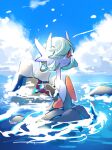  1girl 1other alternate_color black_dress black_gloves blue_hair blue_sky bob_cut cloud colored_skin commentary dress elbow_gloves gardevoir gloves hair_over_one_eye in_water kyogre mega_gardevoir mega_pokemon orange_eyes pokemon pokemon_(creature) raine_(acke2445) shiny_pokemon sky smile strapless strapless_dress untranslatable_commentary water white_skin 