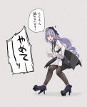  1girl ascot blush bow bowtie breast_curtains breasts brown_pantyhose commentary_request dancing drill_hair drill_sidelocks gem grey_background hairband highres long_hair looking_at_viewer medium_breasts mole mole_under_eye motion_lines musical_note one_eye_closed open_mouth pantyhose pointy_ears purple_ascot purple_bow purple_bowtie purple_gem purple_hair purple_hairband red_eyes shrug_(clothing) sideboob_cutout sidelocks simple_background solo speech_bubble tama_(tamathersky) translation_request vivian_banshee white_shrug zenless_zone_zero 