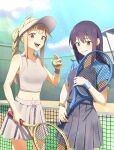  2girls absurdres ball black_hair blonde_hair blush cho_kaguya-hime! commentary day green_eyes highres holding holding_racket holding_tennis_racket jingulbi kaguya_(cho_kaguya-hime!) long_hair looking_at_viewer mole mole_under_eye multiple_girls open_mouth outdoors racket sakayori_iroha shirt skirt smile sportswear tennis tennis_ball tennis_court tennis_net tennis_racket tennis_skirt tennis_uniform two-tone_shirt yuri 