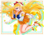  1girl absurdres aino_minako back_bow bishoujo_senshi_sailor_moon blonde_hair blue_bow blue_eyes bow choker commentary earrings elbow_gloves english_commentary gloves hair_bow heart high_heels highres jewelry long_hair magical_girl one_eye_closed orange_choker orange_sailor_collar orange_shoes orange_skirt pleated_skirt red_bow sailor_collar sailor_senshi_uniform sailor_venus shoes skirt smile solo super_sailor_venus teruhii white_gloves yellow_bow 
