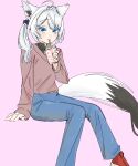  1girl ahoge animal_ears aqua_eyes blush_stickers brown_sweater commentary_request cup denim disposable_cup drinking drinking_straw facing_viewer feet_out_of_frame fox_ears fox_girl fox_tail highres hololive invisible_chair jeans looking_ahead ocha_otome pants pink_background red_shoes shirakami_fubuki shoes side_ponytail simple_background sitting solo sweater tail white_hair 