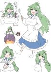  2girls :d alternate_breast_size_(larger) antenna_hair apron bell_pepper blue_skirt bow breasts brown_hair cauldron collared_shirt commentary_request cooking deetamu eggplant fire frilled_apron frilled_bow frilled_hair_tubes frilled_skirt frills frog_hair_ornament green_eyes green_hair hair_ornament hair_tubes hakurei_reimu highres holding holding_knife holding_ladle huge_breasts kappougi knife kochiya_sanae ladle long_hair long_sleeves looking_at_viewer multiple_girls open_mouth red_bow shirt simple_background single_hair_tube single_sidelock skirt skirt_set smile snake_hair_ornament socks touhou translated trembling white_apron white_background white_socks wide_sleeves wing_collar 