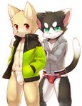  :3 anthro black_fur briefs bulge canine cat cheek_tuft clothed clothing dog duo feline fundoshi fur green_eyes hand_in_pocket hoodie japanese_clothing kemoisumi kemono looking_at_viewer male mammal multicolored_fur navel red_eyes simple_background standing tan_fur tuft two_tone_fur underwear white_background white_fur young 