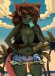  absurd_res anthro big_breasts bodily_fluids bottomwear bra breasts brown_hair buckteeth clothing denim denim_bottomwear denim_clothing denim_shorts detailed_background drugs female food fur green_body green_fur hair hi_res mammal murid murine popsicle rat red_sclera rodent shorts solo stoned substance_intoxication sweat teeth underwear witchpanda 