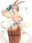  absurdres animal_ear_hairband animal_ears aqua_leotard asuna_(blue_archive) asuna_(bunny)_(blue_archive) backless_leotard black_pantyhose blonde_hair blue_archive blue_eyes blue_halo breasts commentary_request fake_animal_ears gloves haaakashi hair_over_one_eye hairband halo highres large_breasts leotard looking_at_viewer official_alternate_costume pantyhose playboy_bunny rabbit_ear_hairband rabbit_ears smile strapless strapless_leotard thighband_pantyhose white_gloves 