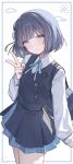  1girl bag blue_bag blue_eyes blue_hair blue_ribbon blue_skirt blush closed_mouth commentary_request gakuen_idolmaster hataya_misuzu hatsuboshi_gakuen_school_uniform highres idolmaster long_sleeves mole mole_under_mouth ningen_mame ribbon school_bag school_uniform shirt short_hair skirt smile solo standing thighs v white_shirt 