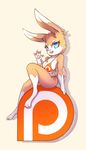  2017 anthro big_breasts bikini blue_eyes breasts clothed clothing digital_media_(artwork) ear_piercing english_text eyelashes female fur horn invalid_color invalid_tag jackalope lagomorph logo looking_at_viewer mammal nipples open_mouth patreon paws piercing rabbit secretly_saucy simple_background sitting smile solo swimsuit text waving 