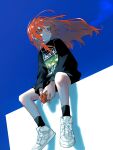  1girl 2687_nirvana absurdres black_socks black_sweater cellphone earrings highres holding holding_phone jewelry long_hair looking_to_the_side nike_air_force_1 oasis_(band) original parted_lips phone print_sweater red_eyes red_hair red_nails shoes sitting smartphone sneakers socks solo sweater white_shoes 
