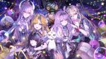  5girls abby_(wuthering_waves) absurdres aemeath_(wuthering_waves) air_bubble black_hair blonde_hair blowing_bubble_gum blue_eyes breasts bubble chewing_gum chisa_(wuthering_waves) chromatic_aberration denia_(wuthering_waves) dress earrings eating elbow_gloves food food_in_mouth geez gloves hair_ornament heart heart_hands heavy_chromatic_aberration highres id_card jewelry long_hair looking_at_viewer lynae_(wuthering_waves) medium_breasts multiple_girls one_eye_closed open_mouth orange_hair parted_lips pink_hair pocky pocky_in_mouth ponytail red_eyes sailor_collar sigrika_(wuthering_waves) smile star_(symbol) star_earrings stuffed_animal stuffed_cat stuffed_toy veil white_dress white_gloves white_sailor_collar white_veil wuthering_waves 