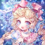  1girl :d absurdres blonde_hair blue_eyes blue_flower blush bow bracelet braid character_request choker commission copyright_request curly_hair eyelashes flower flower-shaped_pupils hair_bow highres hydrokinesis jewelry long_hair looking_at_viewer mihuashi_commission open_hands open_mouth pink_bow port smile solo symbol-shaped_pupils tamao_(xiabeizi_xiang_xue_mofa) teeth twin_braids upper_teeth_only water water_drop watermark 