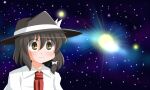  1girl :3 asymmetrical_sidelocks black_hat bow brown_eyes brown_hair collared_shirt commentary_request hair_bow hat hat_bow kikkawa_(citrus_fruits) medium_hair meme necktie red_necktie shirt sidelocks solo space space_cat_(meme) touhou upper_body usami_renko white_bow white_shirt 