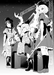  3girls apron back_bow boots bow closed_mouth commentary_request constellation_print crossed_legs dress drum frilled_dress frills greyscale hand_on_own_hip hat highres instrument inuno_rakugaki kneehighs long_hair long_sleeves matara_okina monochrome multiple_girls myouga_(plant) nishida_satono on_throne puffy_short_sleeves puffy_sleeves shoes short_hair_with_long_locks short_sleeves sitting smile socks sun_print tabard tate_eboshi teireida_mai throne touhou tsuzumi waist_apron wide_sleeves 