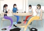  4girls :d artist_name black_hair black_skirt blue_tail breasts brown_hair chair closed_eyes collared_shirt commentary_request commission cup disposable_cup drinking_straw green_hair high_heels highres index_finger_raised indoors large_breasts medium_breasts merfolk merfolk_out_of_environment mermaid monster_girl multiple_girls office_lady on_chair original pixiv_commission purple_tail red_tail scales setu_kurokawa shirt shoes short_sleeves sitting skirt sleeves_rolled_up smile table twitter_username unworn_shoes unworn_skirt watermark white_shirt window yellow_tail 