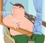  1boy 990shitpost belt black_belt blowing_smoke brown_hair chair cigarette curtains family_guy fat fat_man glasses green_pants gun half-closed_eyes highres holding holding_cigarette holding_gun holding_weapon looking_to_the_side male_focus navel on_chair open_belt pants peter_griffin rifle short_hair sitting sniper_rifle solo topless_male turning_head very_short_hair weapon windowsill 