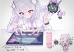  >_< 1girl 4irborne :d arcaea asymmetrical_clothes bare_shoulders chibi chunithm commentary_request crying detached_sleeves fingerless_gloves gloves hair_between_eyes medium_hair monster_energy playing_games playing_video_games purple_eyes rhythm_game single_detached_sleeve single_sleeve smile solo sparkle tablet_pc uni_(chunithm) white_background white_hair xd 
