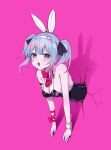  1girl :o animal_ears arm_ribbon arm_strap armpit_crease bare_shoulders black_leotard black_ribbon blue_eyes blue_hair blunt_bangs blush bow bowtie breasts cleavage detached_collar eyelashes facial_mark fake_animal_ears furrowed_brow hair_ornament hair_ribbon hairband hatsune_miku heart heart_hair_ornament highres hyuji_0w0 large_breasts leotard looking_at_viewer medium_hair necktie open_mouth pink_background playboy_bunny rabbit_ears rabbit_hole_(vocaloid) red_bow red_bowtie red_necktie red_ribbon ribbon shadow short_necktie simple_background single_wrist_cuff solo teardrop_facial_mark through_wall twintails upper_body vocaloid white_hairband white_wrist_cuffs wrist_bow wrist_cuffs 