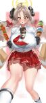  1girl absurdres ahoge balancing black_horns blue_archive breasts collared_shirt commentary convenient_breasts cup curled_horns dated demon_horns disposable_coffee_cup disposable_cup drinking_straw food grey_hair hair_ornament hairclip halo highres holding holding_food holding_ice_cream holding_ice_cream_cone holding_skewer horns ice_cream ice_cream_cone izumi_(blue_archive) large_breasts long_hair meat multiple_scoops necktie object_on_breast open_mouth red_necktie red_skirt shangdi_de_fa_zhang shirt skewer skirt socks twintails untranslatable_commentary white_shirt white_socks 