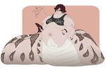  belly big_belly clothed clothing hand_on_stomach lamia male moobs navel partially_clothed reptile scalie skimpy snake sweetpseudopod thick_tail weight_gain 