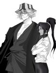  1boy 1girl absurdres beard_stubble bleach bodysuit bucket_hat commentary_request facial_hair frypannn haori hat highres japanese_clothes korean_commentary leggings shihouin_yoruichi striped_clothes striped_hat striped_headwear stubble taichou_haori tall_male urahara_kisuke 