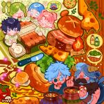  0waff537 2boys 4girls agott_arklaum_(tongari_boushi_no_atelier) beard black_hair blue_eyes blue_hair bread brushbuddy cheese closed_eyes coco_(tongari_boushi_no_atelier) commentary dungeon_meshi dwarf english_commentary facial_hair fake_horns fire food full_beard helmet highres horned_helmet horns kitchen_knife knife long_beard long_hair meat multiple_boys multiple_girls mustache olive open_mouth pink_eyes pink_hair purple_eyes qifrey's_atelier_apprentice_uniform qifrey_(tongari_boushi_no_atelier) richeh_(tongari_boushi_no_atelier) round_eyewear senshi_(dungeon_meshi) short_hair soup tetia_(tongari_boushi_no_atelier) tomato tongari_boushi_no_atelier white_hair 