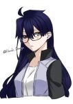  1girl ahoge black_hair breasts commentary_request genderswap genderswap_(mtf) glasses hair_between_eyes highres jacket long_hair looking_at_viewer multicolored_jacket official_alternate_costume portrait protected_link shirt sketch solo t-shirt tohno_shiki tsukihime tsukihime_(remake) two-tone_jacket uzuki_orange white_background white_shirt 