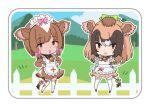  2girls animal_ears animal_print apron bell bow brown_hair chibi chibi_only cloud commentary_request cow_ears cow_print cow_tail cowbell dress fence gloves grass green_bow guernsey_cattle_(kemono_friends) jersey_cattle_(kemono_friends) kemono_friends kemono_friends_3 long_sleeves maid_apron maid_headdress multicolored_hair multiple_girls official_art outdoors pink_bow ribbon short_hair short_sleeves tail thighhighs tree white_gloves white_hair 