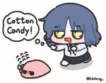  1girl 1other blue_hair blush bocchi_the_rock! chasing chibi collared_shirt cube_hair_ornament english_text gotoh_hitori gotoh_hitori_(tsuchinoko) hair_ornament highres jitome lulalang neck_ribbon ribbon school_uniform shirt skirt sparkling_eyes speech_bubble thought_bubble twitter_username yamada_ryo 