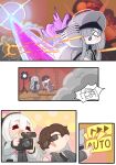  1boy 2girls black_hair black_hairband blue_archive camera chibi chibi_only colored_skin commentary_request double-parted_bangs gameplay_mechanics hair_between_eyes hair_over_one_eye hairband halo highres jacket kei_(blue_archive) kei_(student)_(blue_archive) korean_commentary large_hat laser long_hair long_hair_between_eyes long_sleeves loosely_tucked_bangs malkuth_(blue_archive) mmm5162 multicolored_jacket multiple_girls open_mouth pink_halo rectangular_halo sensei_(blue_archive) sunglasses two-tone_jacket white_hair white_jacket white_skin wide_sleeves 