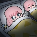  1girl :3 bed blanket blush bocchi_the_rock! chibi chibi_only closed_eyes cube_hair_ornament gotoh_hitori hair_ornament highres imagining lulalang pillow pink_hair solo speech_bubble thought_bubble triangle_print twitter_username under_covers unworn_hair_ornament 