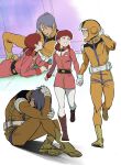 1boy 1girl aqua_hair commentary_request earth_federation earth_federation_space_forces gundam highres holding_hands kai_shiden looking_at_another mecha_pilot_suit miharu_ratokie mobile_suit_gundam mobile_suit_gundam_the_origin normal_suit_(gundam) red_hair sad science_fiction zizi_(azusako3) 