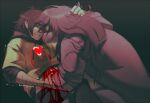  1girl 1other artist_name bleeding blood blood_drip blood_from_mouth blood_on_arm blood_on_face brown_hair clenched_teeth colored_skin commentary deltarune english_commentary furry furry_female guro hand_in_another's_hair hand_on_another's_arm hand_on_another's_chest hand_under_clothes hand_under_shirt highres hood hood_down hoodie kris_(deltarune) long_hair looking_at_another purple_skin red_eyes red_soul_(utdr) reptile_girl scar scar_on_arm scars_all_over self-harm self-harm_scar shirt short_hair simple_background soul_(utdr) striped_clothes striped_hoodie susie_(deltarune) sweat sweatdrop teeth thelostmoongazer utdr_(toby_fox) yellow_eyes 