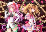  2girls alternate_hairstyle arm_belt bandeau black_bandeau black_gloves black_hairband black_thighhighs blonde_hair blood_tune blue_panties blush bow bowtie breasts brown_eyes capelet caution_tape chaos;head chaos;head_love_chu_chu! clothing_cutout collared_dress commentary_request cosplay detached_sleeves dress earrings embarrassed erin-fray_orgel erin-fray_orgel_(cosplay) fingerless_gloves frilled_dress frilled_gloves frills gloves green_trim hairband hand_on_own_hip hat holding holding_wand jewelry keep_out long_hair looking_at_viewer magical_girl multiple_girls nagimi navel navel_cutout nishijou_nanami off-shoulder_capelet one_side_up panties panty_peek pink_capelet pink_gloves pink_hair purple_eyes red_bow red_bowtie sakihata_rimi salute science_adventure seira_orgel seira_orgel_(cosplay) short_dress small_breasts teeth thighhighs tongue twintails underboob underwear upper_teeth_only very_long_hair wand white_dress white_hat white_panties white_sleeves white_thighhighs 